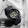 A black G-Shock digital watch is shown at an angle, with a cracked concrete background and a textured white background. Produktbild-Vorschau
