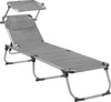 A gray fabric chaise lounge with a sunshade, shown from a diagonal angle against a white background.