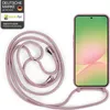 A pink phone case with a lanyard and a smartphone are displayed against a white background. Produktbild-Vorschau