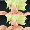 A close-up, split image showing two different facial expressions of a Super Saiyan Broly figure. Produktbild-Vorschau