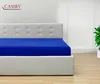 A blue fitted sheet is shown on a bed with a white headboard. Produktbild-Vorschau
