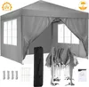 A gray pop-up gazebo with side walls, shown with its frame and accessories laid out separately. Voir les images du produit