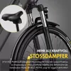 Close-up of an electric bicycle's front fork, wheel, and saddle, with marketing text highlighting features. Produktbild-Vorschau