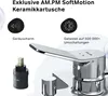 Close-up of a faucet cartridge and faucet handle with marketing text and icons. Produktbild-Vorschau