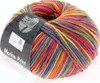A ball of multicolored yarn with a label. Produktbild-Vorschau