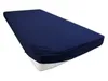 A navy blue fitted sheet is shown on a mattress, isolated on a white background. Produktbild-Vorschau