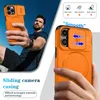 A man is holding an orange phone case with a sliding camera cover, and a close-up of the case is shown with feature callouts. Náhled obrázku produktu