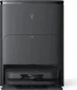 A dark gray robotic vacuum cleaner with its docking station, shown from the front. Produktbild-Vorschau