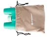A pair of turquoise binoculars partially inside a beige drawstring bag, with the brand logo visible on the bag. Náhľad obrázku produktu