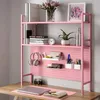 A pink desk organizer shelf unit with various items on it, placed on a wooden desk. Voir les images du produit