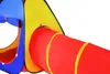 A close-up view of a colorful children's play tunnel attached to a tent. Podgląd zdjęcia produktu