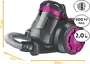 A studio shot of a pink and gray bagless vacuum cleaner with dimensions indicated. Produktbild-Vorschau