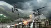 A dramatic scene from a video game, featuring a cyborg ninja leaping through the air, a helicopter firing missiles, and a missile streaking towards a building. Produktbild-Vorschau