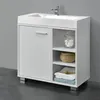 A white bathroom vanity with a sink and faucet, shown against a gray wall and dark gray floor. Anteprima dell’immagine prodotto