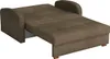 A brown sofa bed is shown in an open position, revealing its sleeping surface and storage compartment. Náhled obrázku produktu