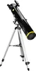 A black telescope on a silver tripod against a white background. Produktbild-Vorschau