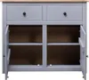 A front view of a gray sideboard with two drawers and two open cabinet doors, revealing shelves inside. The top surface is a natural wood color. Podgląd zdjęcia produktu