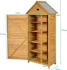 A wooden garden shed with its door open, showing shelves inside, with dimensions labeled. Produktbild-Vorschau