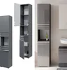 A collage of three images showing a tall, narrow bathroom cabinet in anthracite high gloss. One image shows the cabinet closed, another shows it with one door open revealing shelves and towels, and the third shows the cabinet in a bathroom setting next to  Podgląd zdjęcia produktu