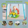 A baby is sitting in a colorful swing, with smaller circular images showing different usage scenarios for the swing. Anteprima dell’immagine prodotto