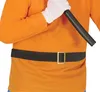 Close-up of a person wearing an orange shirt and a black belt with a gold buckle. Produktbild-Vorschau