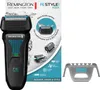A product shot of a Remington F6 Aqua shaver and its accessories, presented on a white and light blue background with marketing text and graphics. Anteprima dell’immagine prodotto