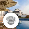 A skimmer basket is shown in a circular inset against a background of a swimming pool and houses. Produktbild-Vorschau