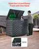 A man is shown using a double trash bin enclosure outdoors on a wooden deck. The lid is open, and he is placing a trash bag inside. Produktbild-Vorschau