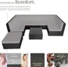 A modular rattan lounge set with a coffee table and ottoman, shown on a white background with accompanying marketing text and detail shots. Náhled obrázku produktu