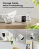 A collage of images showcasing a white wireless security camera in various installation scenarios, along with text highlighting its features. Produktbild-Vorschau