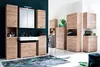 A modern bathroom vanity set with tall cabinets, a mirror, and a sink, displayed in a room setting. Another section shows a laundry area with a washing machine and more cabinets. Produktbild-Vorschau