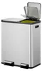 A stainless steel dual-compartment trash can with two foot pedals and open lids, revealing a green interior. Podgląd zdjęcia produktu