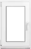 A white PVC window with a handle and hinges, presented against a white background. Produktbild-Vorschau