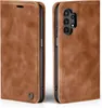 A brown leather flip case for a smartphone is shown from two angles. Produktbild-Vorschau