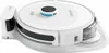 A white robotic vacuum cleaner with a charging dock, shown from a diagonal angle. Produktbild-Vorschau