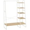 A white metal garment rack with wooden shelves and multiple hooks, isolated on a white background. Náhled obrázku produktu