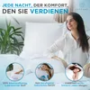 A woman sitting on a bed with pillows, with three circular insets showing close-ups of pillows and people sleeping. Produktbild-Vorschau
