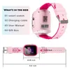 A pink smartwatch with its charging cable and a list of what's in the box. Produktbild-Vorschau