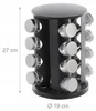 A black rotating spice rack with 16 glass jars with silver lids, shown with dimensions indicated. Náhled obrázku produktu