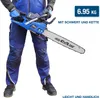A person wearing work clothes holds a blue and black chainsaw with a silver bar and chain. Produktbild-Vorschau