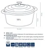 A line drawing of a round cast iron pot with dimensions and multilingual product descriptions. Anteprima dell’immagine prodotto