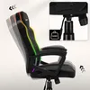 A gaming chair is shown from the side, with arrows indicating adjustable height and recline features. A close-up inset shows the chair's base and a weight capacity indicator. Anteprima dell’immagine prodotto