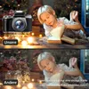 A split image showing a child reading a book in a festive, dimly lit setting. The top half features a camera overlay and text, while the bottom half shows a blurred background with text. Produktbild-Vorschau