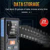 A laser distance meter with a digital display showing data storage information, with multiple screens of data appearing to be stored. Podgląd zdjęcia produktu
