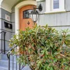 A close-up view of a house entrance with a wooden door, a mailbox, a porch light, and lush green bushes in the foreground. Voir les images du produit