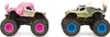 Two monster trucks, one pink and one green, are shown against a white background. Voir les images du produit