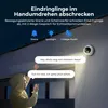A person is shown interacting with a security camera system at night, with speech bubbles indicating a two-way communication feature. Produktbild-Vorschau