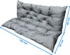 A gray tufted cushion for a Hollywood swing or garden bench, with dimensions indicated by blue lines and text. Anteprima dell’immagine prodotto