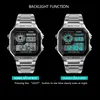 Two SKMEI digital watches are shown side-by-side against a black background, demonstrating the backlight function. Produktbild-Vorschau
