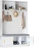 A white hall tree with a bench and storage compartments, displaying coats, a hat, a bag, and shoes. Anteprima dell’immagine prodotto